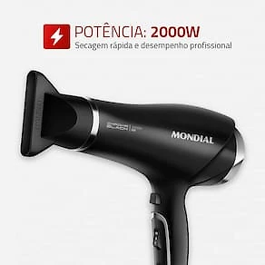 Miniatura Secador de Cabelos Mondial SCN-04 Chrome Black 2000W Tourmaline Íon 3 Temperaturas Preto 110V