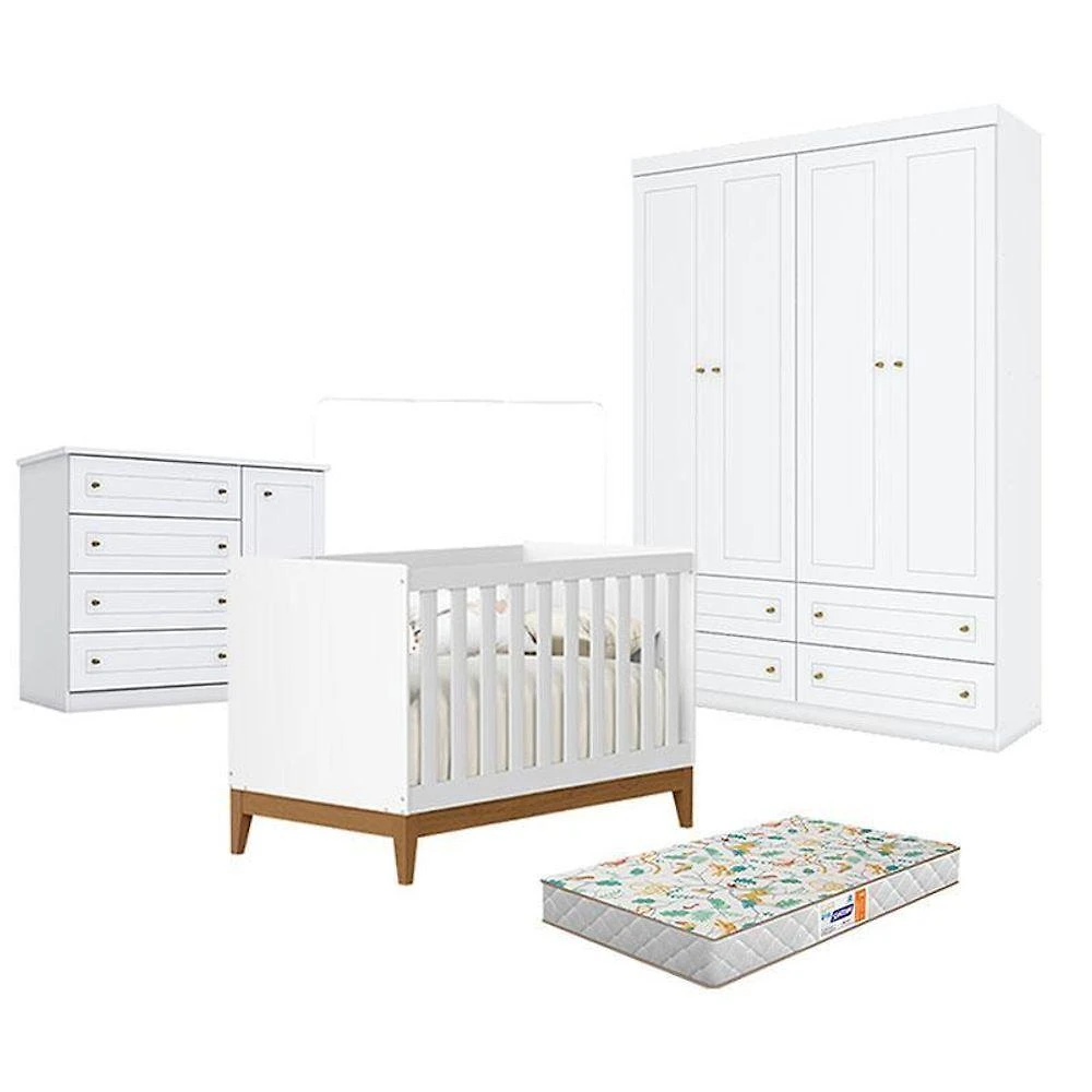 Quarto De Bebê Americano 4 Portas Com Berço Americano Flip Branco Acetinado Reller E Colchão Gazin - Henn