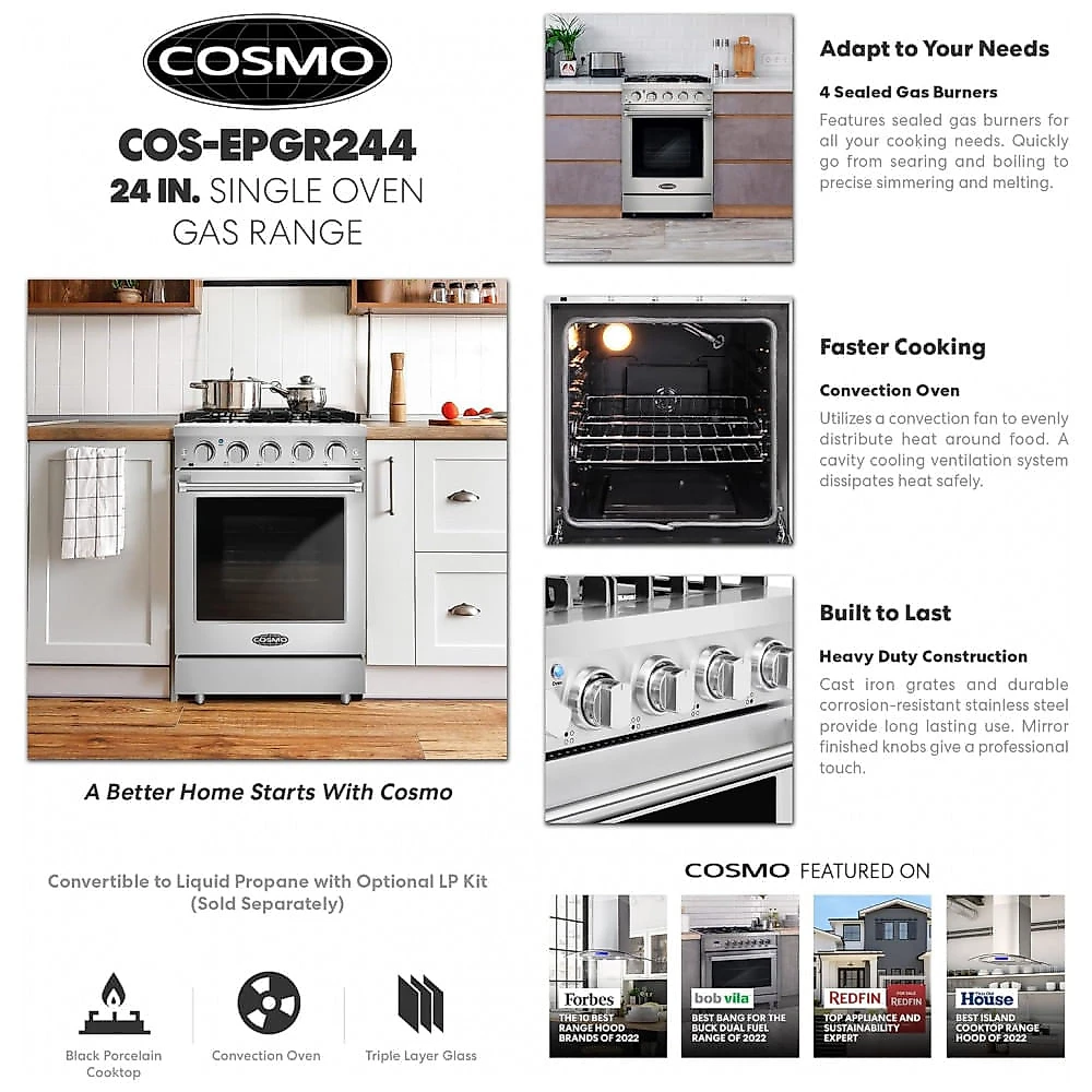 Fogão 4 bocas 60cm Cosmo inox forno a gás 106L convecção grades de ferro fundido 110V