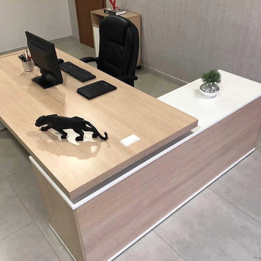 Kit 3 Peças com Mesa para Escritório Diretor em L, Armário Multiuso Baixo e Gaveteiro 3 Gavetas Conjunto para Escritório Executivo 3 peças Estação Diretoria Balcão 2 portas e Gaveteiro 3 Gavetas Carvalho/Branco