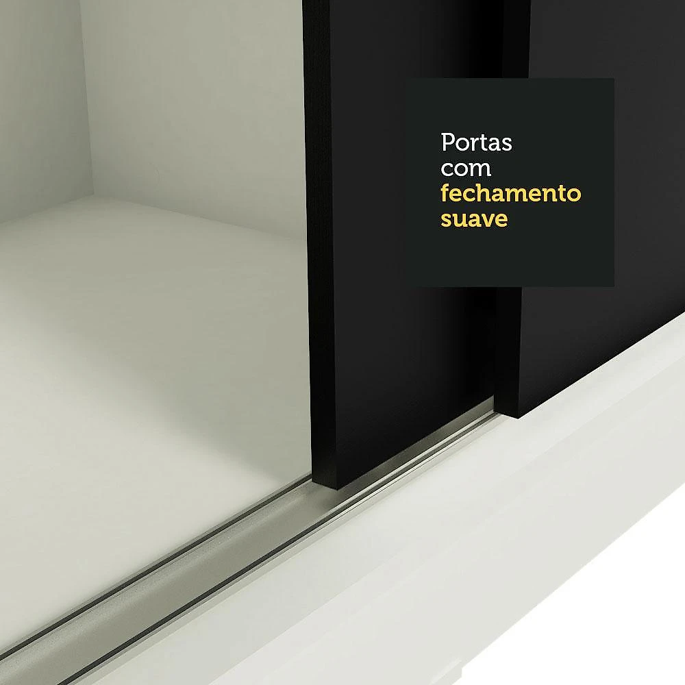 Guarda-roupa casal madesa kansas 3 portas de correr de espelho 3 gavetas branco/preto