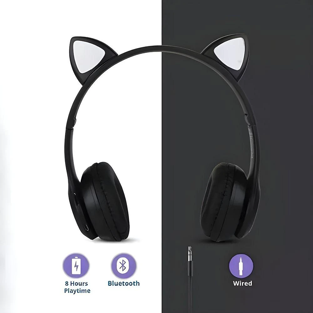 Fone de Ouvido Bluetooth Utimix Fone Bluetooth Orelha de Gato Led Colorido (Preto) com Luz LED