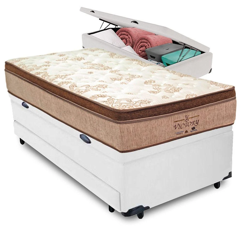 Cama Box com Baú Bicama Solteiro Victory Euro Pillow Molas Ensacadas Branco Vtech