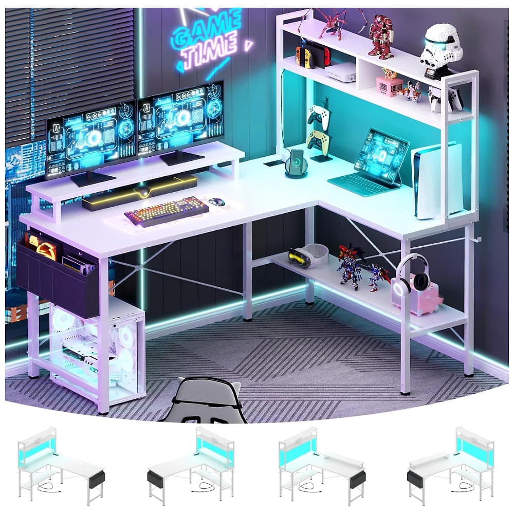 Mesa Gamer L Aheaplus Branca com Tomadas Elétricas, Luz LED, Prateleiras Reversíveis e Suporte para Monitor, Modelo 124 cm.