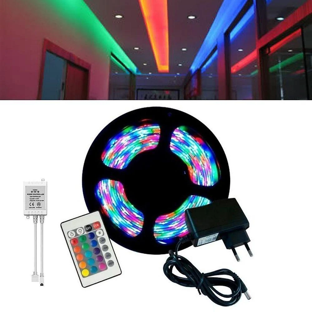 Fita LED RGB 3528 IP65 5m 24W 12V com Controle Remoto Fonte 2A Colorida Aquilae