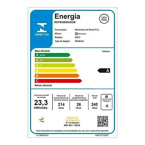 Geladeira electrolux degelo prático re31 com controle de temperatura 240l - branca 110