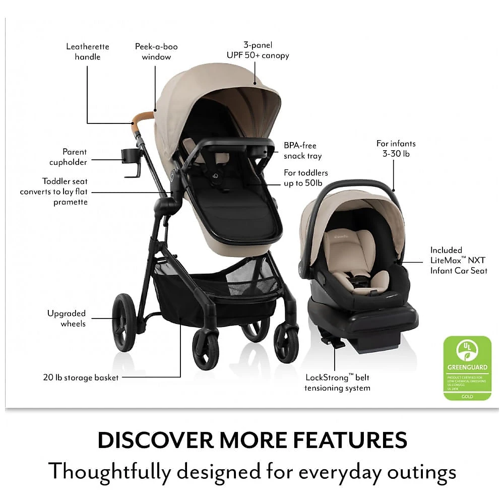 Sistema de Viagem Evenflo Pivot NXT com Bebê-Conforto LiteMax NXT 1,4–13,6 kg Carrinho Modular 6 Modos Rosa