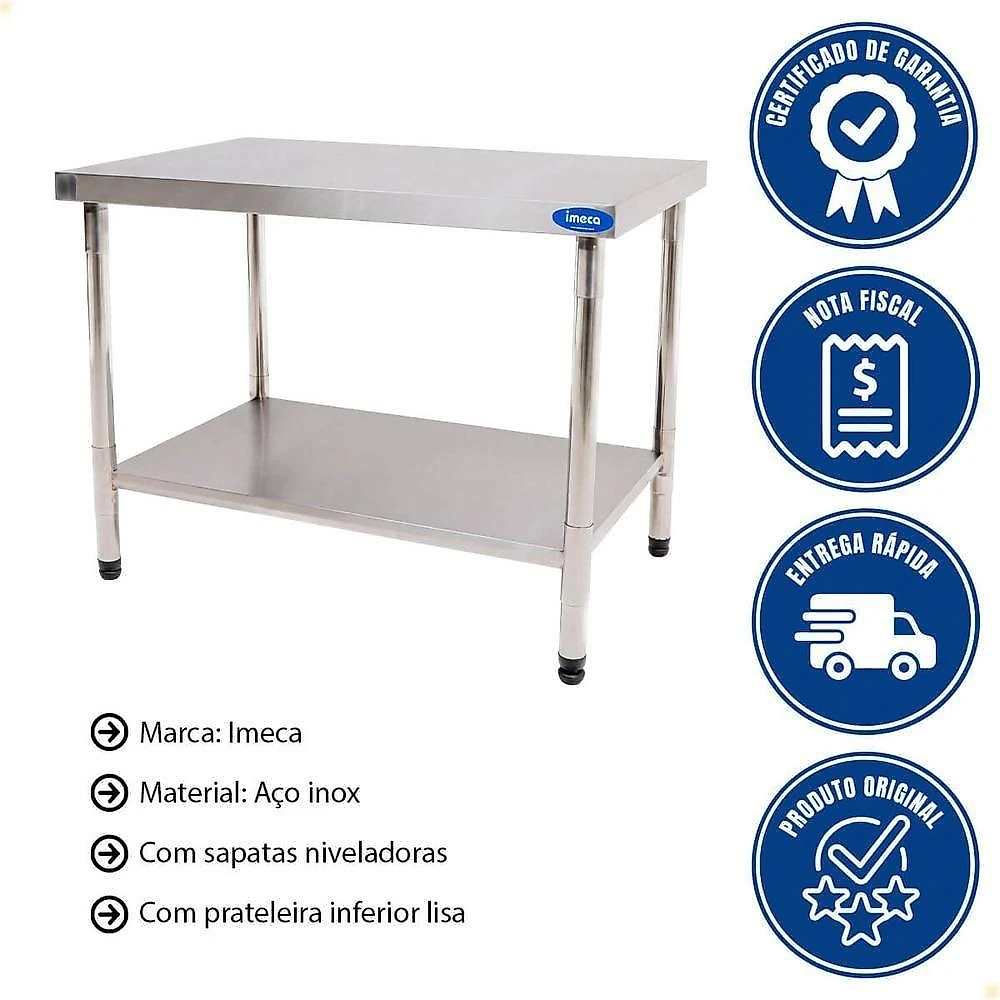 Mesa com Prateleira Lisa em Aço Inox 430 7596 com Sapatas Niveladoras Inox Imeca