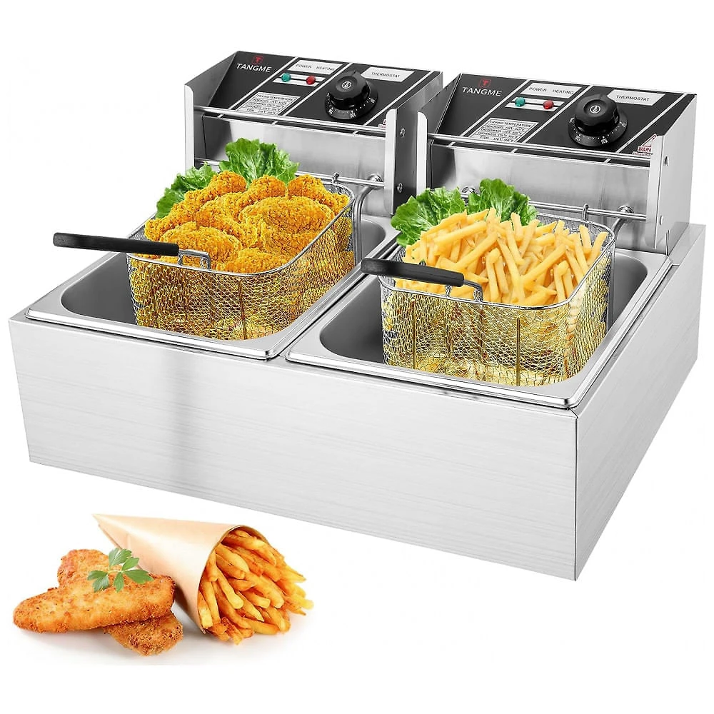 Fritadeira Elétrica Dupla Profissional 12 Litros de Capacidade, Aço Inoxidável, 110V 3400W, TANGME