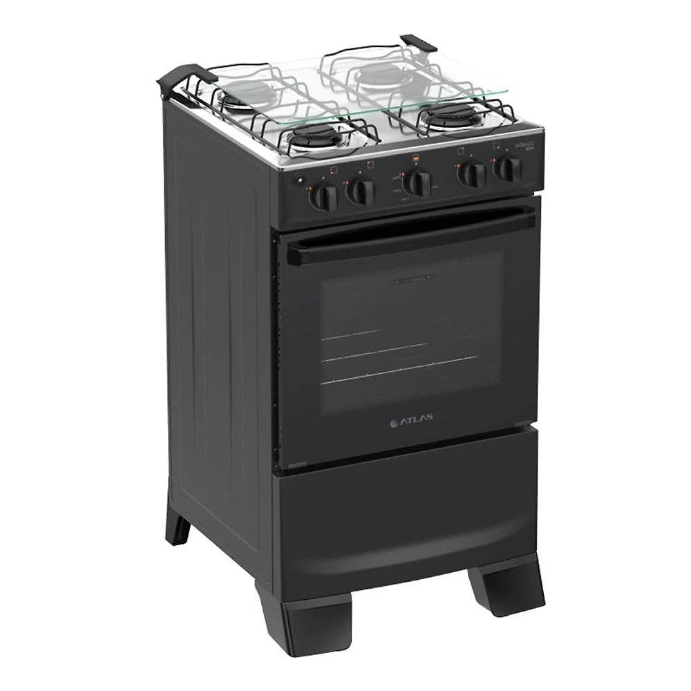 Fogão 4 Bocas Piso Atlas Monaco Plus Forno 48L Automático Preto Bivolt