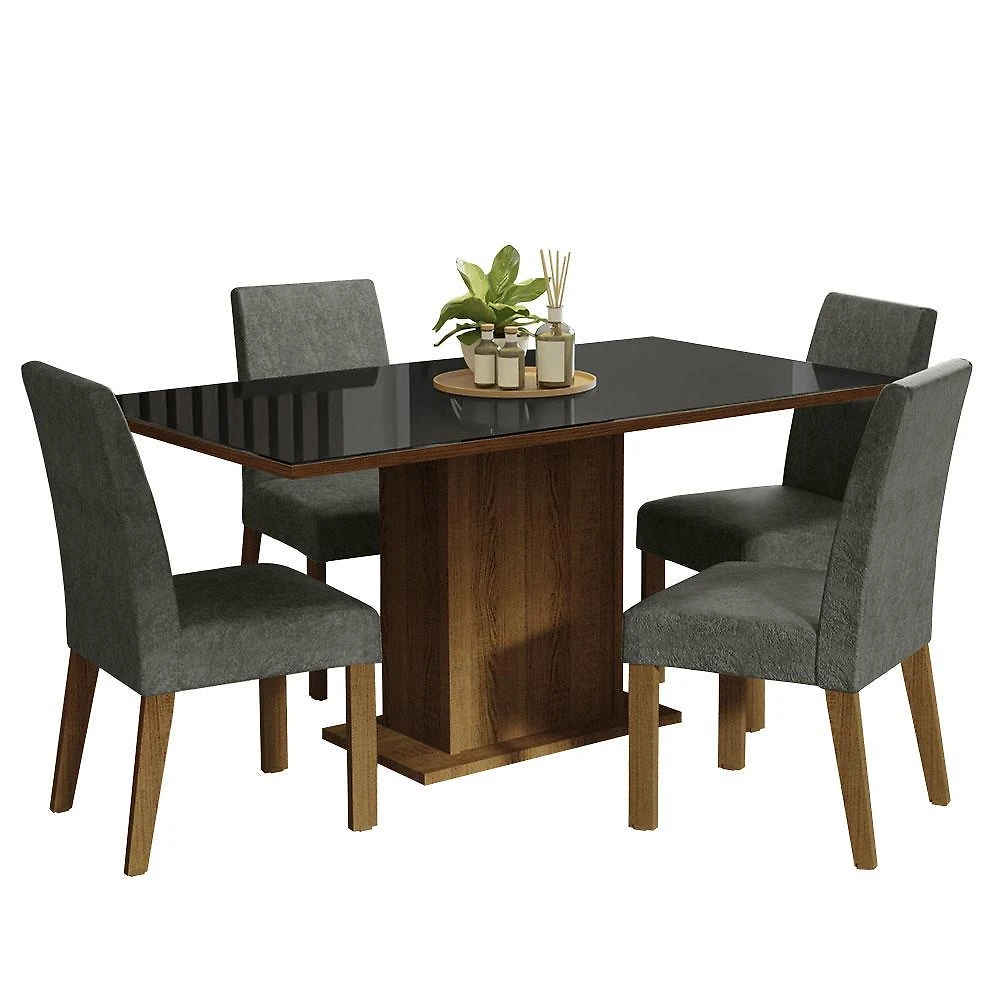 Conjunto sala de jantar mesa tampo de vidro 4 cadeiras rustic/preto/silver avril madesa