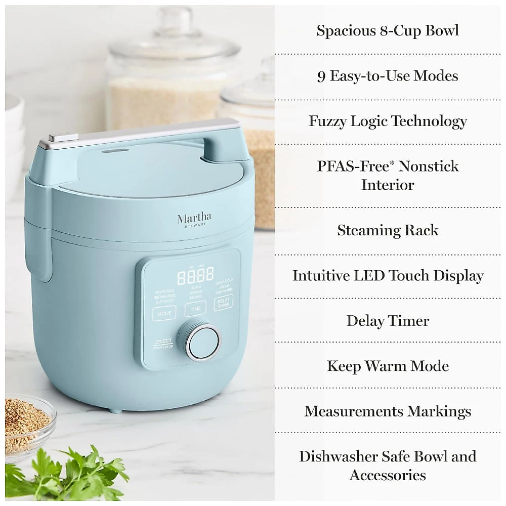 Panela Elétrica de Arroz Martha Stewart Sky Blue 4 Xícaras 8 Xícaras Cozidas Cerâmica Antiadesiva 9 Modos