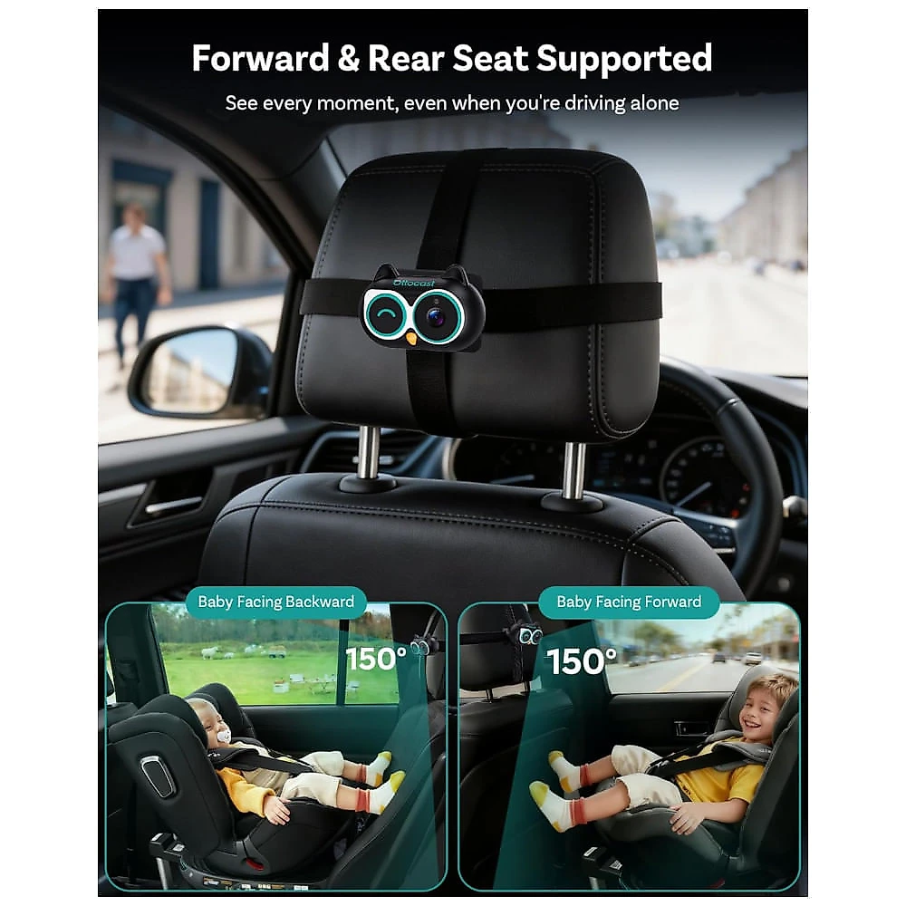 Câmera Automotiva para Bebê OTTOCAST Cabin Care CarPlay Sem Fio 1080P Visão Noturna 150° Preta 5V