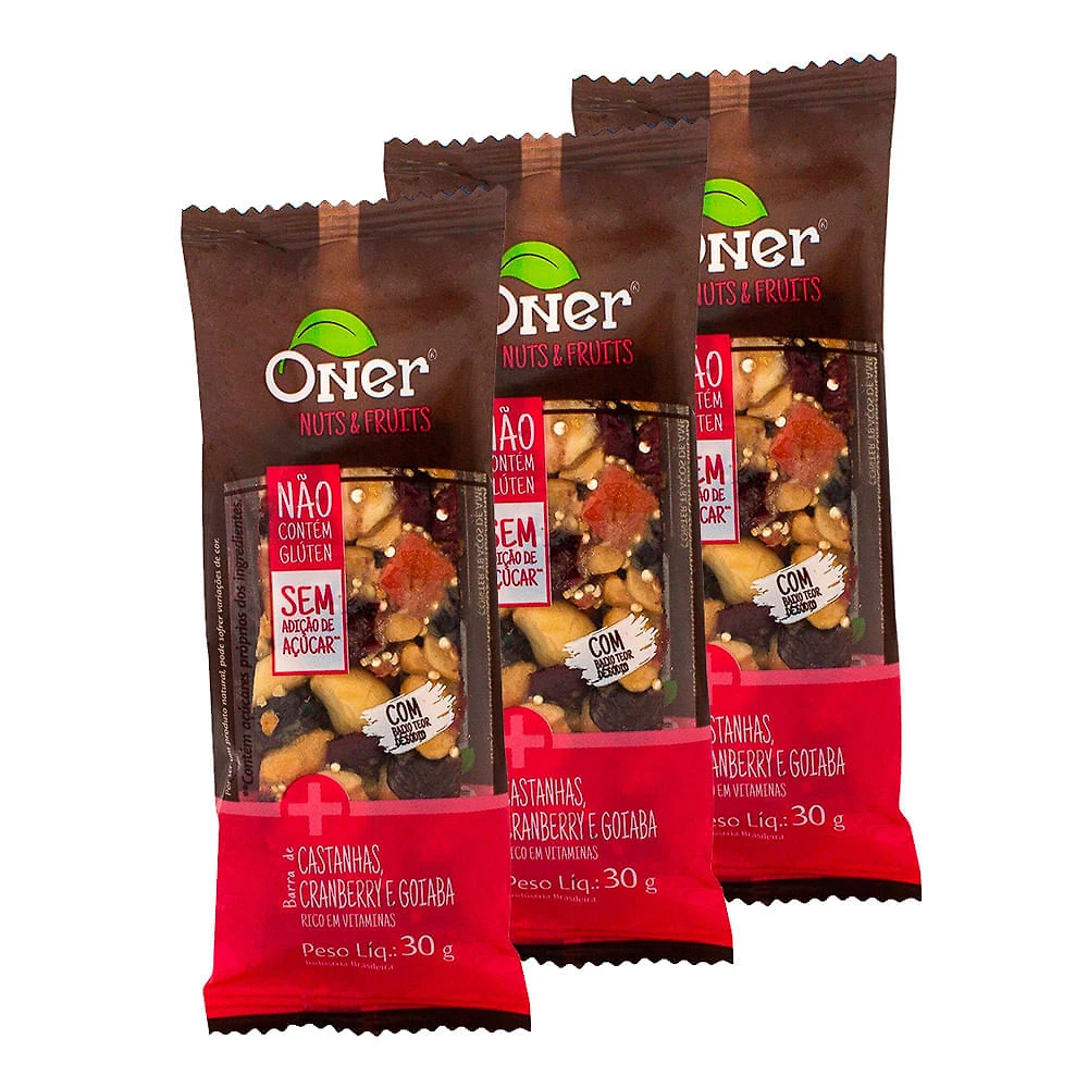Kit 3 Barra de Castanhas Cranberry e Goiaba Oner 30g