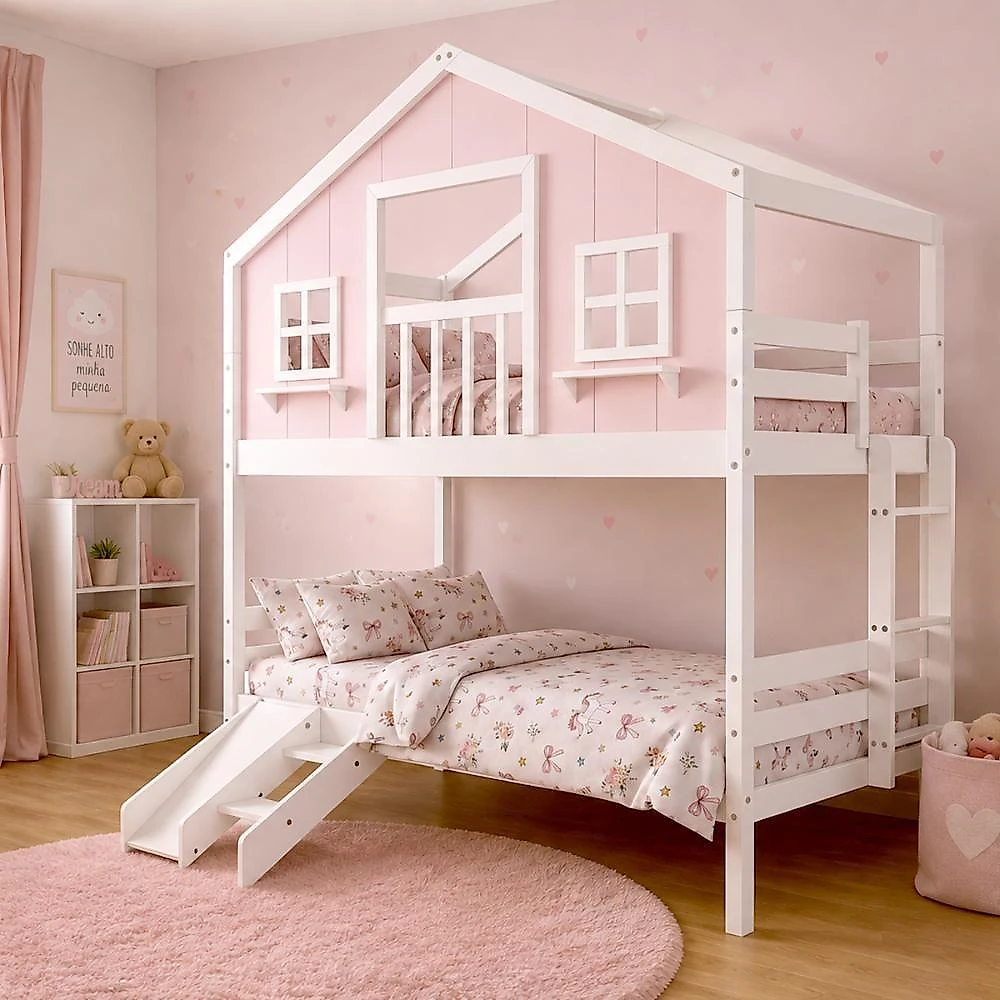 Beliche Infantil Solteiro Casinha dos Sonhos com Varanda e Kit Escorregador Madeira Maciça Rosa webcontinental-7896451488886