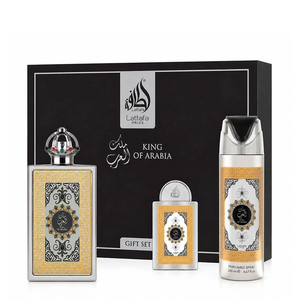 Kit Perfume Pride King Of Arabia Unissex Eau de Parfum Couro Amadeirado 100ML + 20ML Lattafa