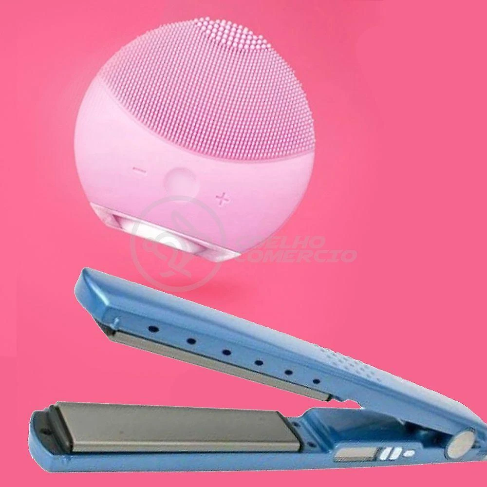 Kit 1 Prancha Nanotitanium + 1 Esponja Facial Rosa Bebê Nº31