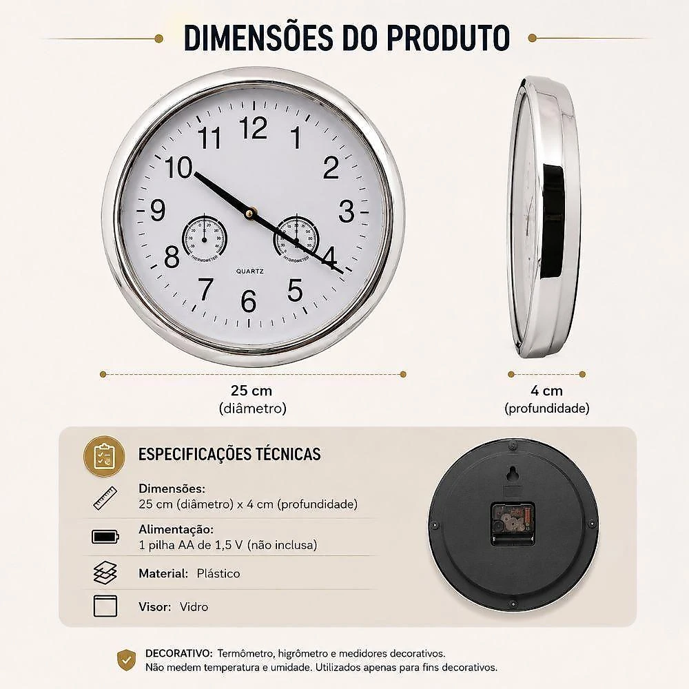 Relogio de Parede Decorativo Termometro Higrometro Ilustrativo Moderno Acabamento Prateado Prata