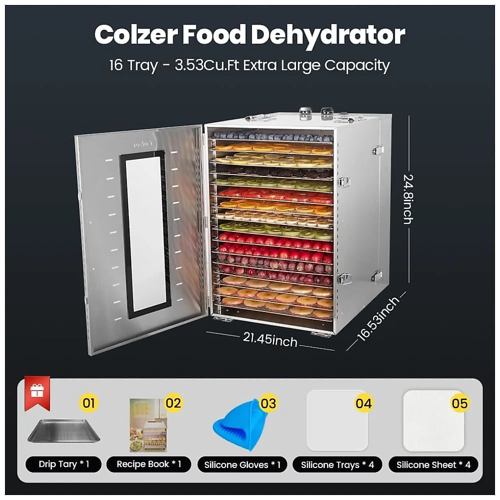 Desidratador de Alimentos Comercial Cercker 1500W com 16 Bandejas, Aço Inoxidável. 110v