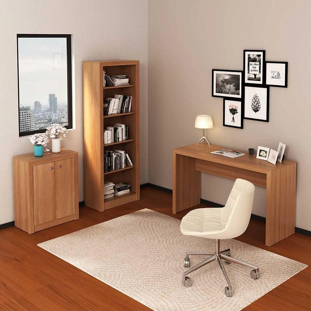 Kit Escritório com Mesa Balcão 2 Portas Estante 5 Nichos MDP Branco Tecno Mobili