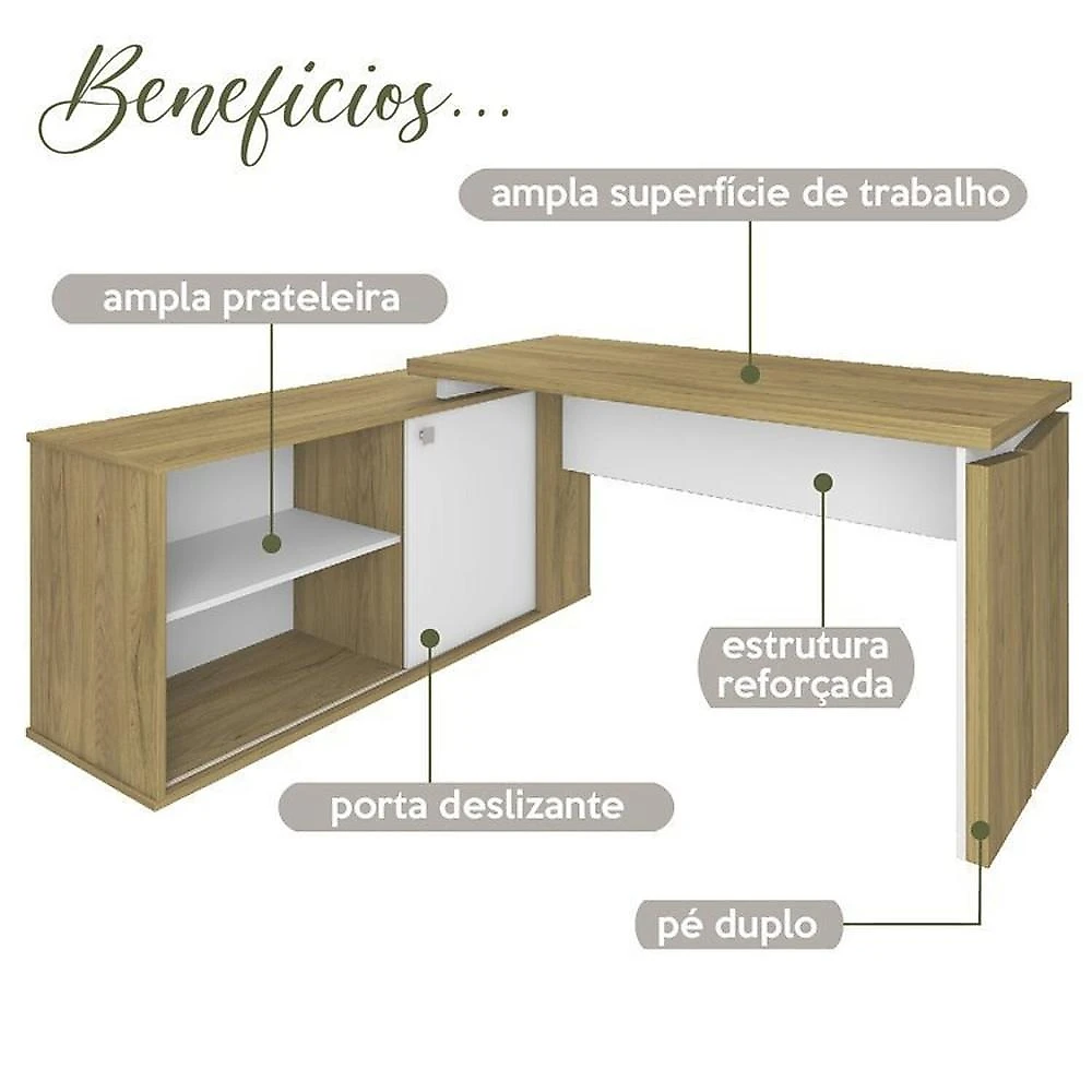 Kit 2 Peças com Escrivaninha em L com Porta de Correr e Armário Alto Multiuso Olmo/Branco