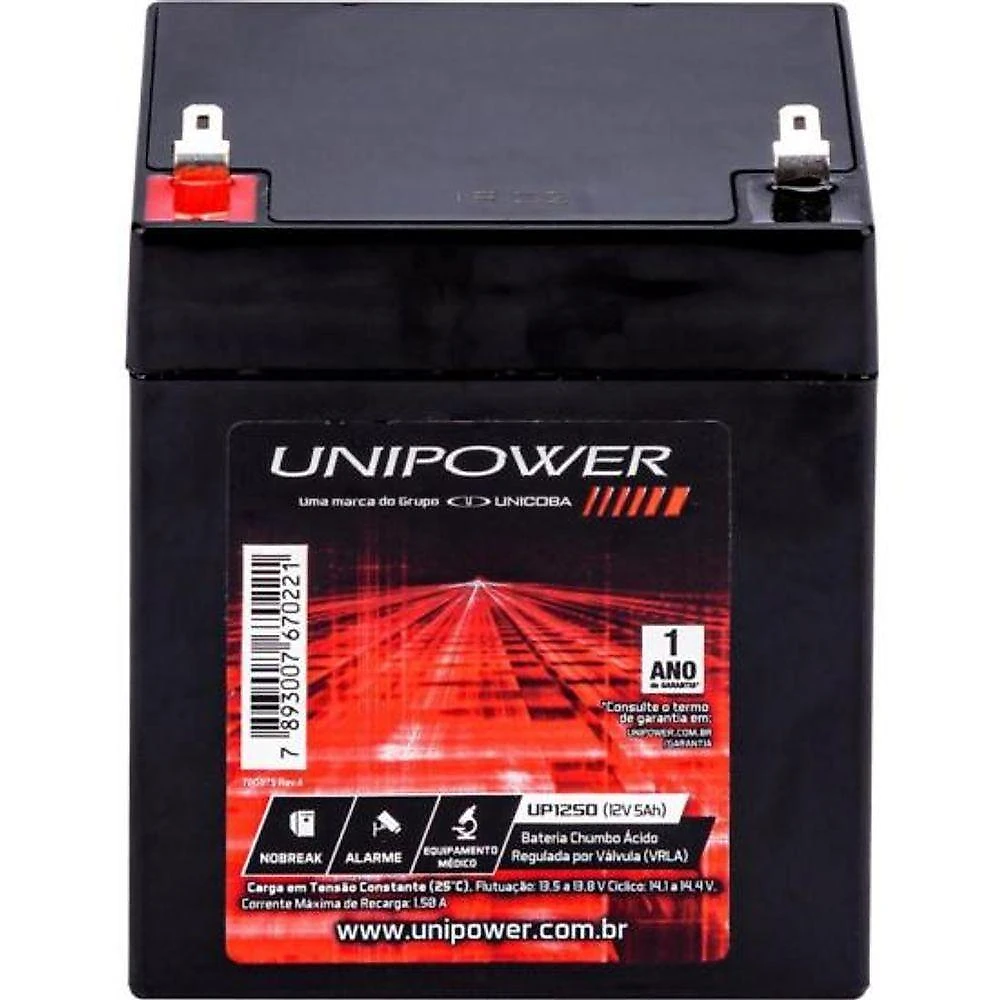Bateria Estacionária Selada UP1250 12V 5AH VRLA AGM Preto Unipower