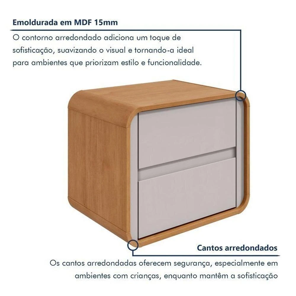 Quarto Completo Cama Solteiro com Cômoda 8 Gavetas e Mesa de Cabeceira Amêndoa Clean/Off White
