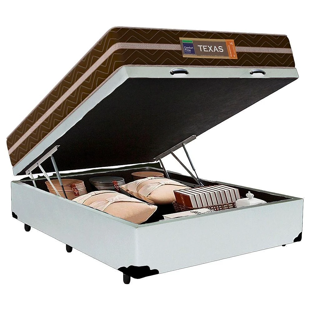 Cama Box Baú Casal Sintético + Colchão Molas Ensacadas Texas Prime Colchões 138cm - Suporta Até 120 Kg Por Pessoa Cor:br