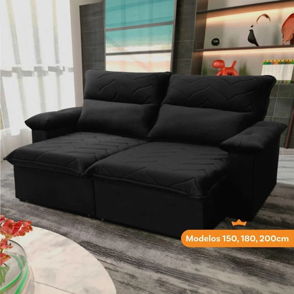 Sofá Retrátil Reclinável Paris 2,00m Suede Velut Preto Molas No Assento - King House