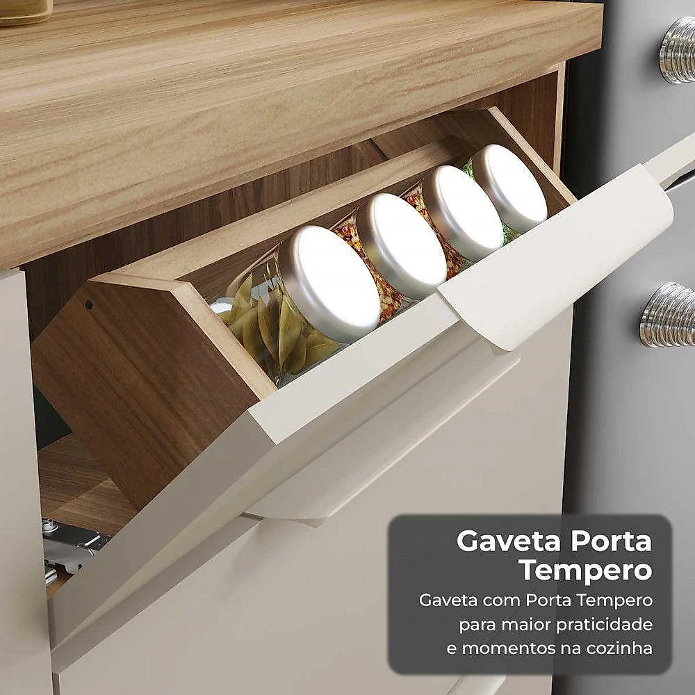 Cozinha Marquesa 5 Peças 6 Portas 6 Gavetas MDF 270CM Nature e Greige Nesher Móveis