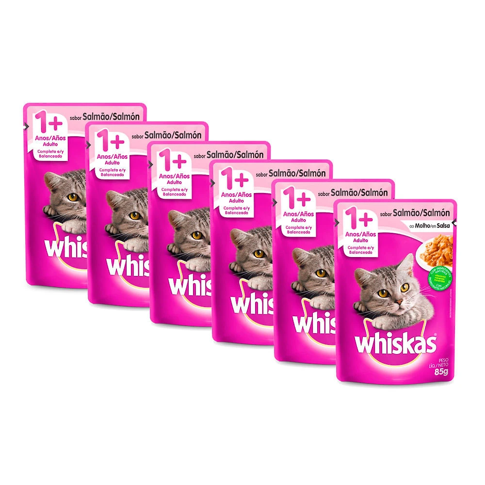 Kit 6 Ração para Gatos Whiskas Adulto 1+ Anos Sachê Sabor Salmão ao Molho 85g