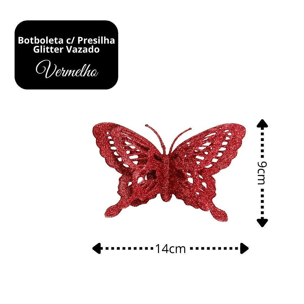 Enfeite Natalino Borboleta Natalina Decorativa com Glitter Vazado Vermelho Yangzi 9CM