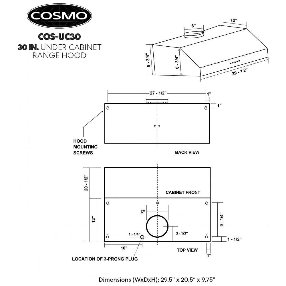 Coifa de Parede Sob Armário COSMO UC30 Aço Inox 646 m³/h 3 Velocidades LED 120V, 74,9cm