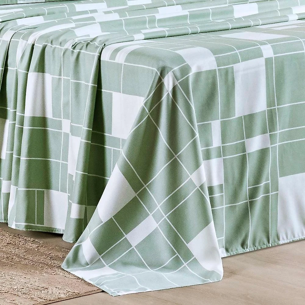 Jogo cama lençol belle queen 400 fios estampado 4 peças quadriculado verde