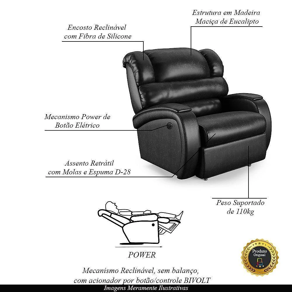 Poltrona Do Papai Reclinável Napoli Power Elétrica Pu Preto Brilho Fh1