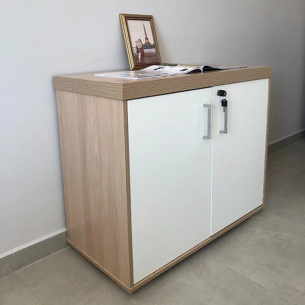 Kit 4 Peças com Mesa para Escritório Diretor em L, Armário Multiuso Alto, Armário Baixo e Balcão com Conjunto Mesa Tamburato 1400 Mesa de Apoio Balcão 2 portas Balcão com Gavetas e Armário com nicho Carvalho/Branco