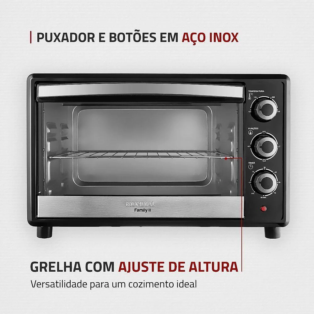 Forno elétrico de bancada mondial fr-42 42l 1600w com timer e grill preto inox 220v