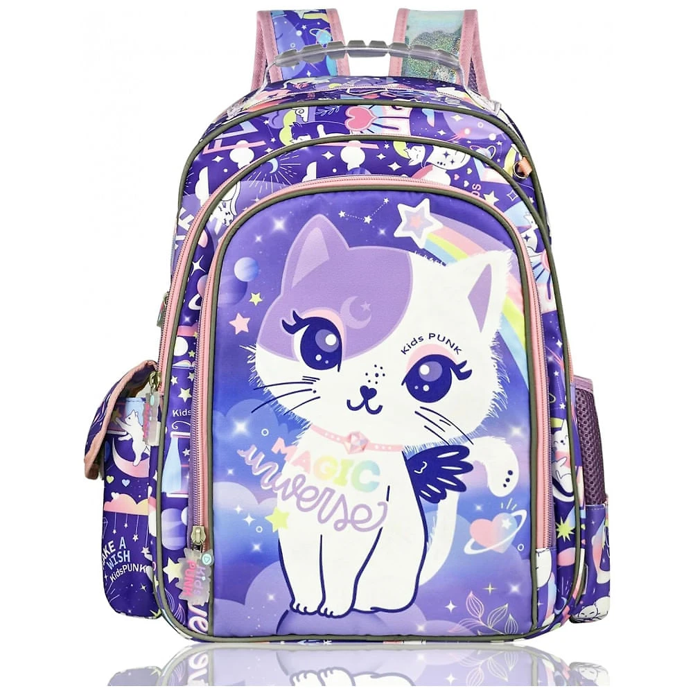 Mochila Escolar Infantil 40cm KidsPUNK Gata Fofa para Meninas Roxa