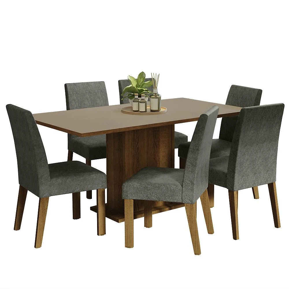 Conjunto sala de jantar mesa tampo de madeira 6 cadeiras silver renata madesa