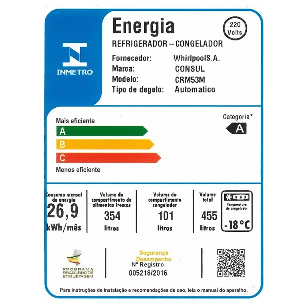 Geladeira Consul Frost Free Duplex Inverter CRM53MB, 455 Litros, Branca - 220 Volts