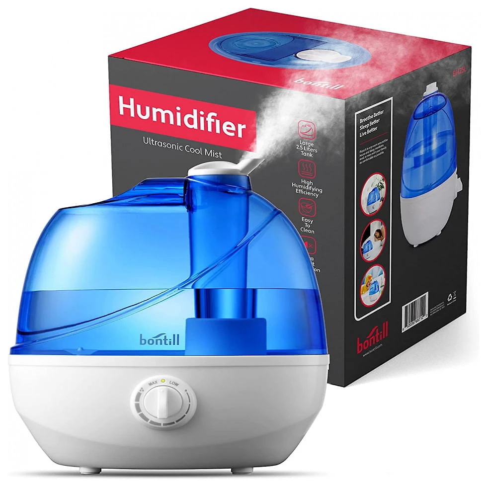 Umidificador Ultrassônico Portátil Bontill 2,5L até 30H, Silencioso e Giratório em 360 , Branco e Azul