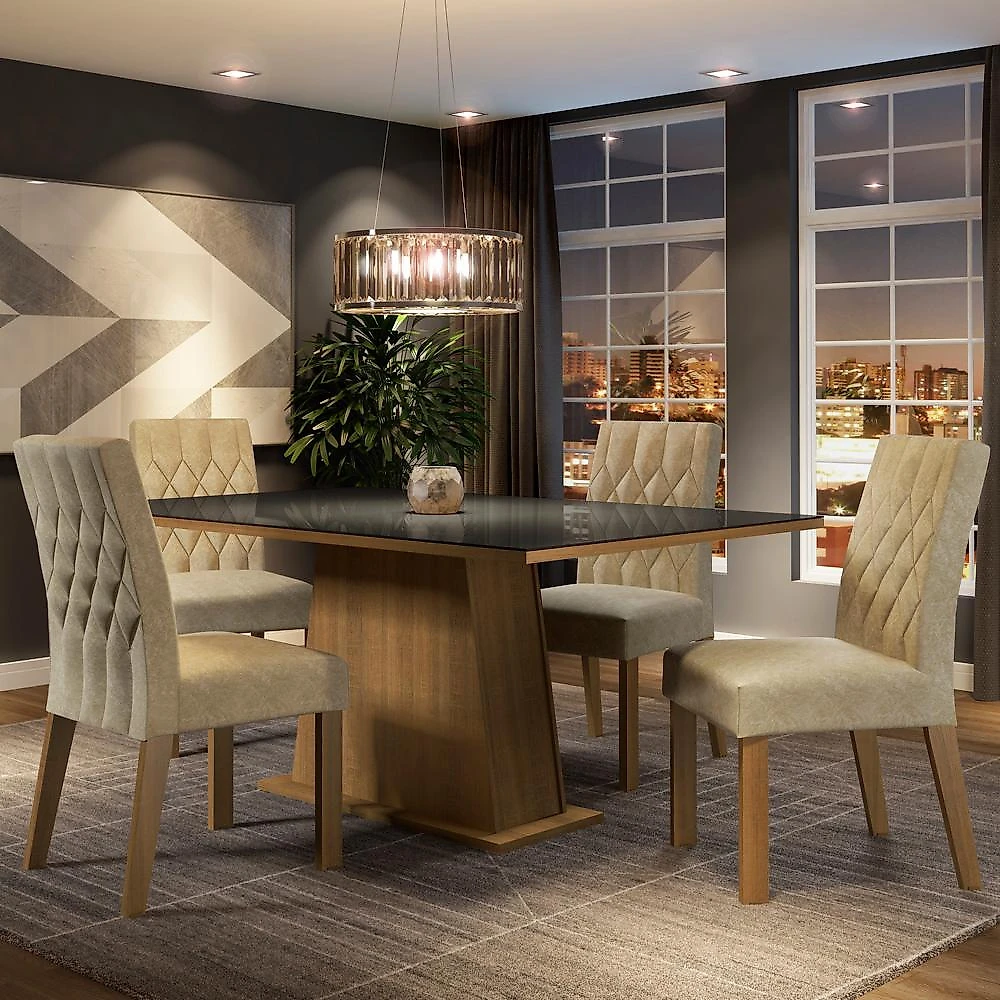 Conjunto sala de jantar madesa grazi mesa tampo de vidro com 4 cadeiras - rustic/preto/imperial