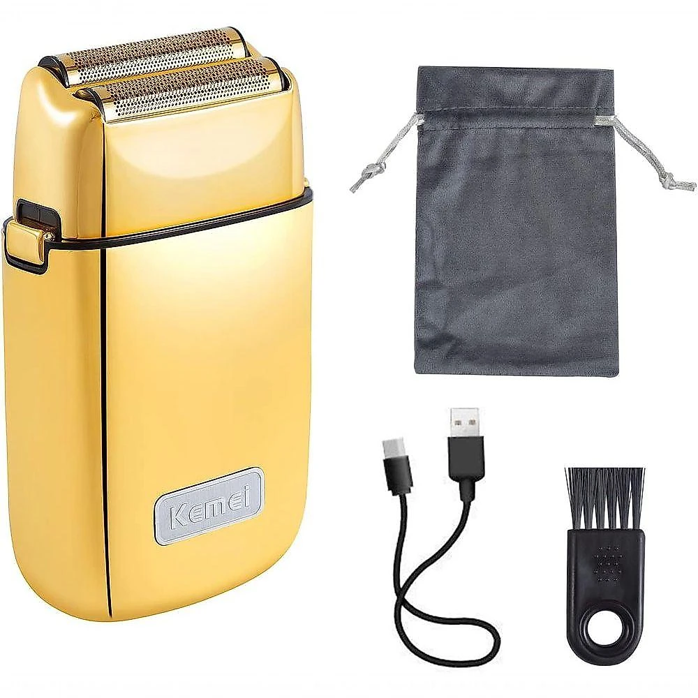 Barbeador Elétrico Kemei TX1 Aparador de Barba Lâmina Titânio sem Fio Dourado