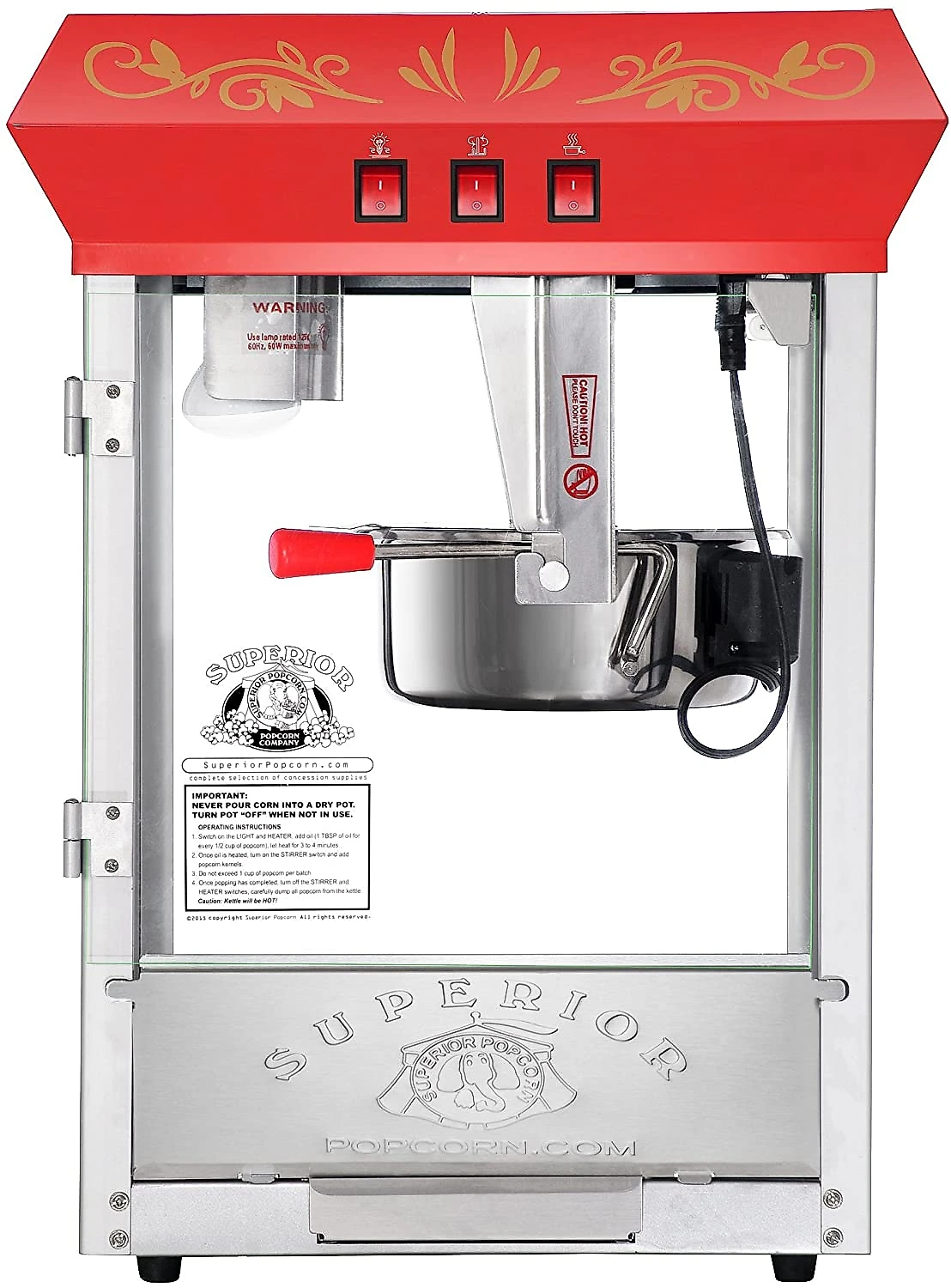 Carnival Popcorn Popper Machine With CartMakes Approx 3 Gallons Per Batch by Superior Popcorn Company 8 oz Red