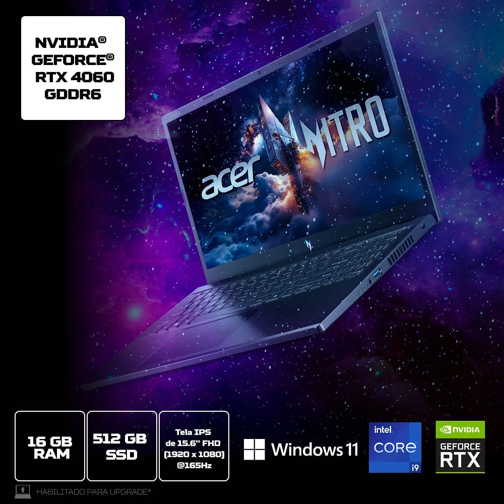 Miniatura Notebook Acer Nitro V15 ANV15-52-96AQ Intel® Core™ i9-13900H de 13° G 16GB 512GB SSD RTX4060 Windows 11 Home 15.6”