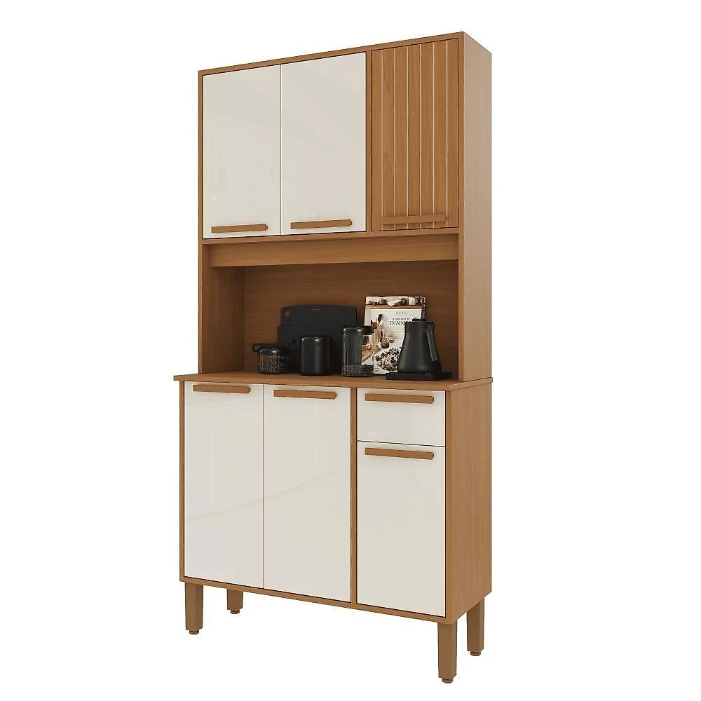 Cozinha Compacta Bari 6 Portas 1 Gaveta MDF-MDP 90CM Freijó e Off-White Fidelita Móveis