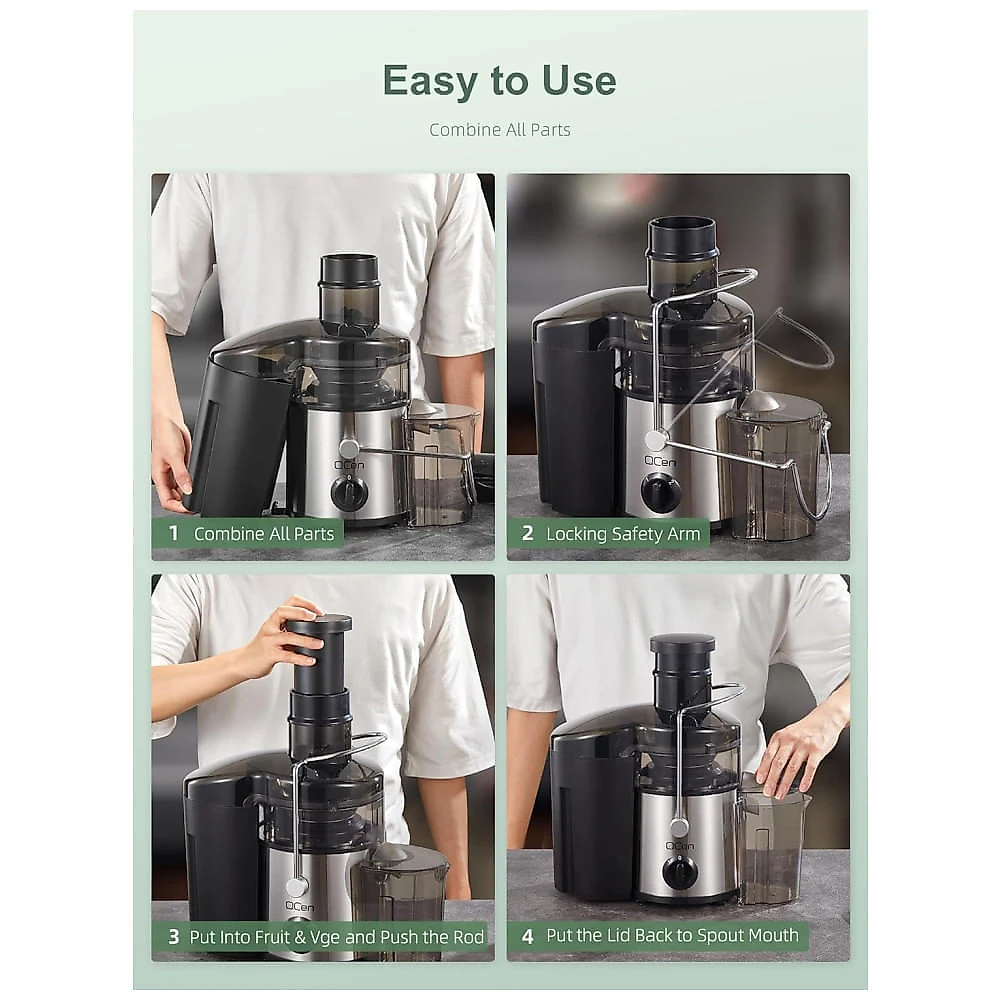 Extrator de Sucos QCen, Centrífuga de 500W com 3 Bocas Largas para Frutas e Vegetais, Fácil de Limpar, Aço Inoxidável, Livre de BPA