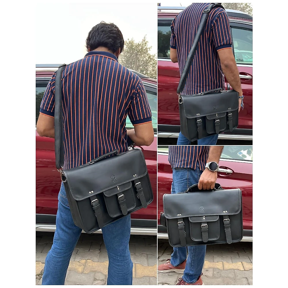 Bolsa Carteiro Masculina Couro de Búfalo para Laptop com 16 Polegadas, RUSTIC TOWN, Preta 110v