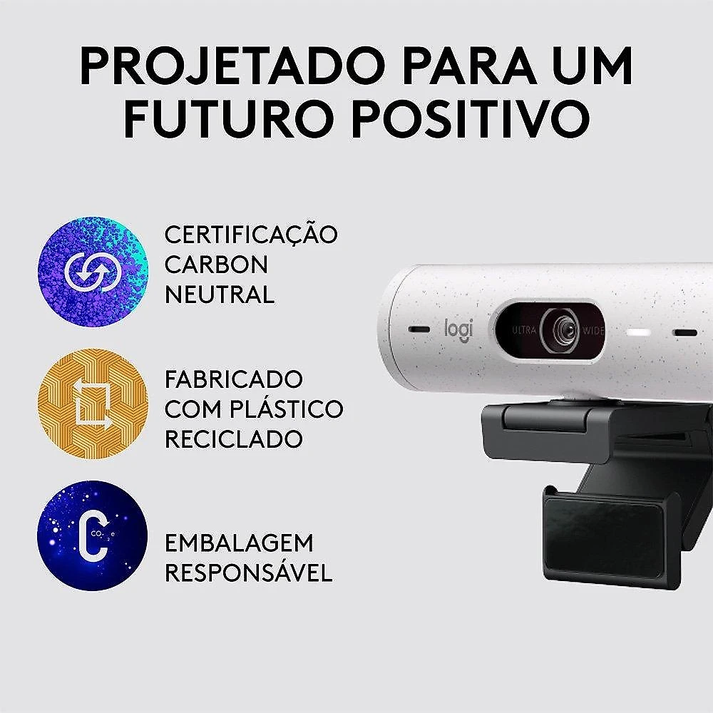 Webcam + Suporte Logitech Brio 500 Full HD, 1080p, 30 FPS, com Microfones Duplos, USB, Suporte Incluso, Branco - 960-001426