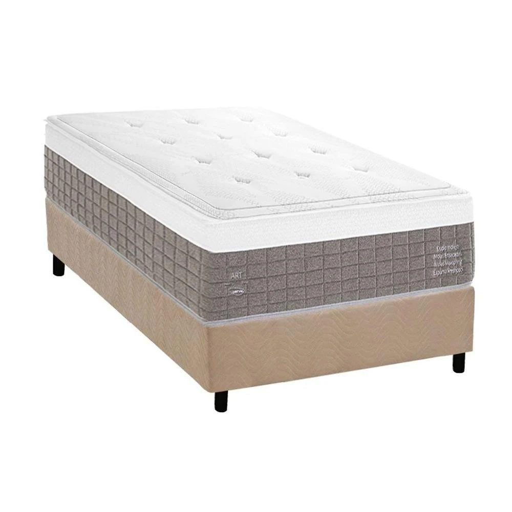 Cama Box com Colchão Solteiro Suede Clean One Face Euro Pillow Molas Ensacadas Tecido Liso Bege